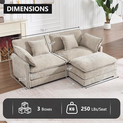 76.7" W Modular Cloud Sectional Sofa Couch for Small Spaces, Deep Seat Loveseat with Ottoman Chaise, Comfy Chenille 2 Seat L Shaped Couch for Living Room Apartment Dorm, Camel