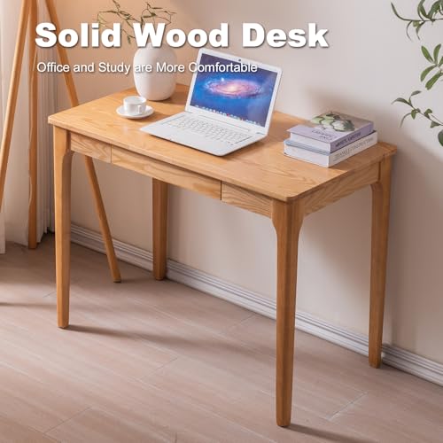 Solid Wood Desk with Drawers, Home Office Desk for Small Spaces, Gaming Work Study Desk, Student PC Desk for Bedroom, Easy to Assemble (Wood Color, 39.4 inch)