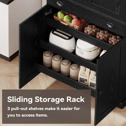 Kitchen Pantry Cabinet 72" Height, Freestanding Cupboard with Drawer, Sliding Storage Rack, and 6 Hanging Shelves for Dining Room, Laundry, Living Room, Black