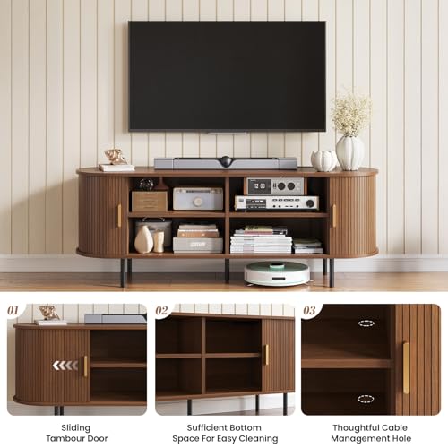 55" Mid Century Modern TV Stand Entertainment Center Brown Walnut Cabinet, view 7