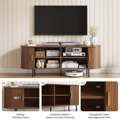 55" Mid Century Modern TV Stand Entertainment Center Brown Walnut Cabinet, view 7