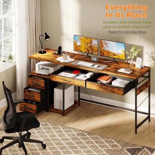 60" Computer Desk with 5 Drawers and Power Outlets, Rustic Brown, view 7