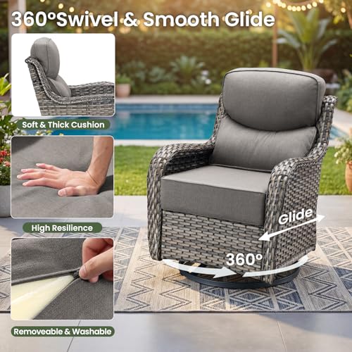 Luxury Patio Furniture Set with 6-inch Thick Cushion, Outdoor Furniture with Fire Pit Table, Swivel Chairs, Side Table, Sofa, 5pcs Wicker Conversation Set for Deck Yard(Grey Wicker/Grey Cushion)