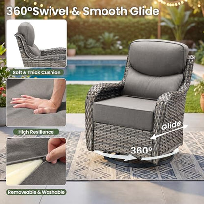 Luxury Patio Furniture Set with 6-inch Thick Cushion, Outdoor Furniture with Fire Pit Table, Swivel Chairs, Side Table, Sofa, 5pcs Wicker Conversation Set for Deck Yard(Grey Wicker/Grey Cushion)