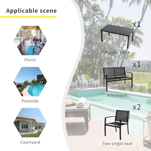 4 Pieces Patio Furniture Set All Weather Textile Fabric Outdoor Conversation Set, with Glass Coffee Table, Loveseat, 2 Single Chairs for Home, Garden, Lawn, Porch（Black）