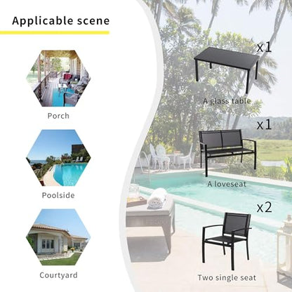 4 Pieces Patio Furniture Set All Weather Textile Fabric Outdoor Conversation Set, with Glass Coffee Table, Loveseat, 2 Single Chairs for Home, Garden, Lawn, Porch（Black）
