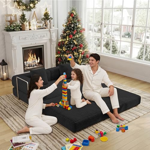 Convertible Sofas Boneless Couches with 2 Pillow, Modern Corduroy Futon Bed, Modular Queen Sofa with Pull-Out Bed, LoveSeat for Living Room, Small Space Apartment BlackDouble Sofa