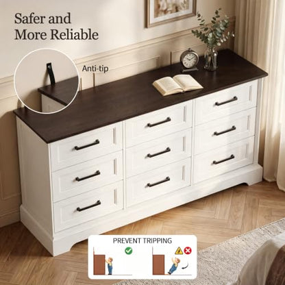 57" Farmhouse Dresser for Bedroom, 9 Drawers Dresser, White & Brown, view 6