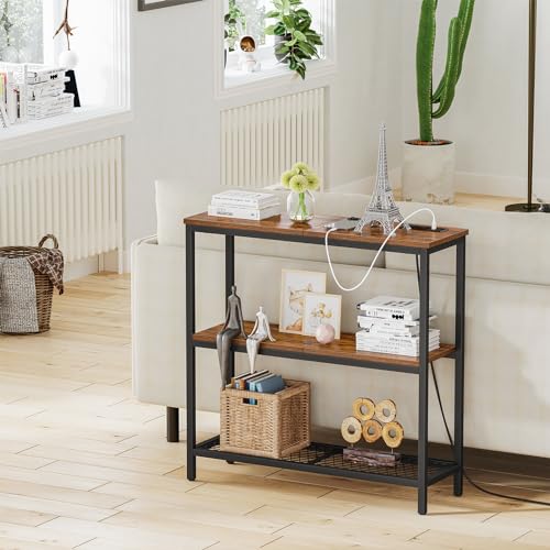 Console Table with Power Outlets, Entryway Table with Storage, Narrow Sofa Table with 3 Tier Shelves, 2 USB Ports, 2 Power Outlets, Hallway Table for Couch, Living Room, Entrance