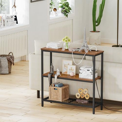 Console Table with Power Outlets, Entryway Table with Storage, Narrow Sofa Table with 3 Tier Shelves, 2 USB Ports, 2 Power Outlets, Hallway Table for Couch, Living Room, Entrance