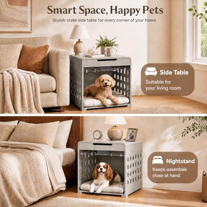 Modern Dog Crate Furniture Wooden Kennel Charging Station End Table Grey, view 4