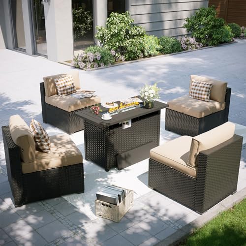 Patio Furniture Set with Fire Pit Table, 5 Piece Outdoor Sectional Sofas, Wicker Rattan Outdoor Furniture with Thickened Cushion for Backyard, Garden Begin