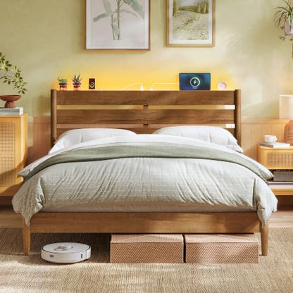 Queen Bed Frame, Wood Platform Bed with Headboard Storage Shelf, view 2
