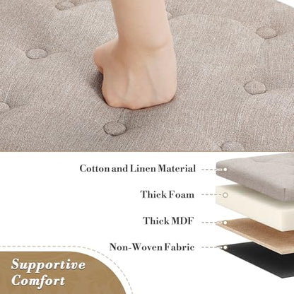 15 Inch Small Ottoman with Storage, Round Linen Fabric Storage Ottoman Foot Rest with Removable Lid, Multipurpose Footstool Footrest for Living Room, Bedroom, Dorm, Khaki