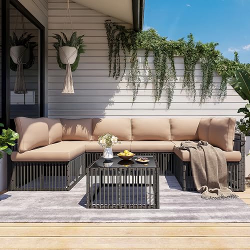 7-Piece Outdoor Sectional Set, Large Wicker Patio Furniture Set with Coffee Table and Washable Cushions Covers, All-Weather Patio Sofa Conversation Set for Backyard, Poolside, Garden