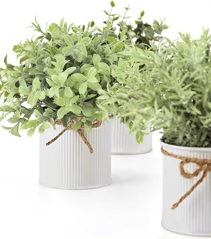 Fake Plants in Farmhouse Galvanized Metal Pots Table Centerpiece Rustic Home Decor, 3 Pack Potted Artificial Plants Faux Eucalyptus for Shelf Indoor Dining Room Office