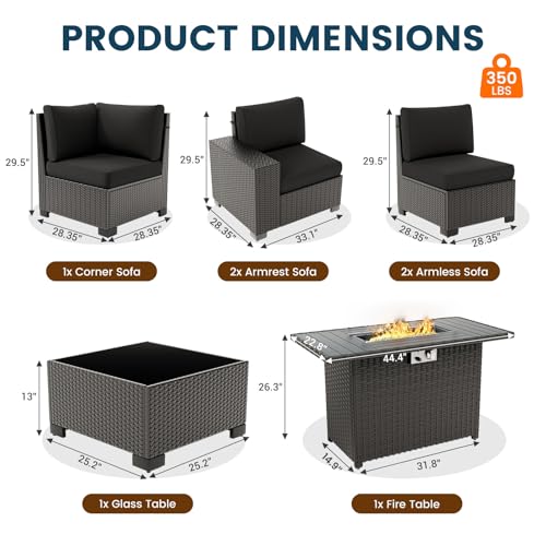 7 Piece Patio Furniture Set with Fire Pit Table, Outdoor Sectional Conversation Sets Black Wicker Rattan Sofa with Coffee Table for Patio Garden Backyard, 4'' Thickened Cushion Black