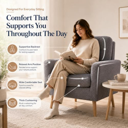 Frida Teddy Fleece Accent Chair, Mid-Century Modern Inspired Armchair with Plush Upholstery, Thick Cushioning & Oak Legs, Cozy Living Room Chair for Bedroom, Reading Nook & Lounge Seating
