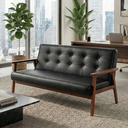 Mid-Century Modern Solid Loveseat Sofa Upholstered Faux Leather Couch 2-Seat Wood Armchair Living Room/Outdoor Lounge Chair, Waiting Room Sofa, 50”W