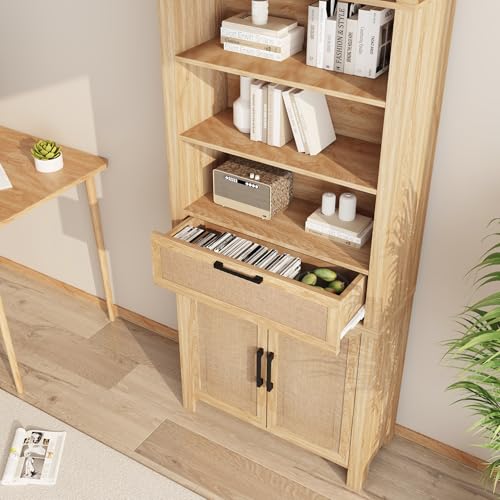 79" Tall Arched Bookcase with Storage, Mid Century Modern 6-Tier Cabinet with Door, Arched Bookshelf with Open Display Shelf for Office Living Room (Natural, 79inch-Doors)