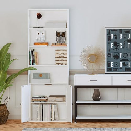 Industrial Bookshelves and Bookcases with Doors Floor Standing 6 Shelf Display Storage Shelves 70 in Tall Bookcase for Home Office, Living Room
