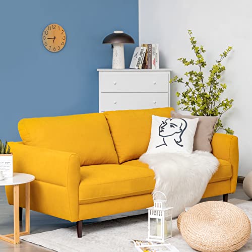 Loveseat Sofa, Upholstered Mid-Century Modern 2 Seat Sofa Couch with Solid Wood Frame for Living Room, Small Spaces, Bedroom, Apartment, Reception Room, Yellow