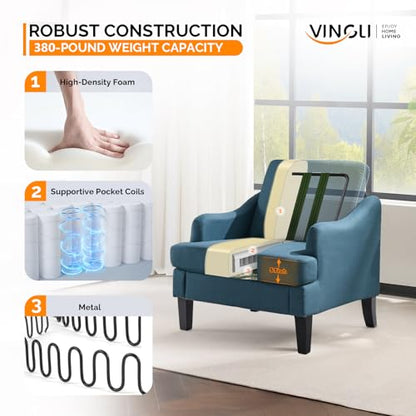 Linen Fabric Accent Chairs Set of 2, Navy Blue Modern Upholstered Armchair, Comfy Sofa Chair Living Room Bedroom Furniture for Apartment