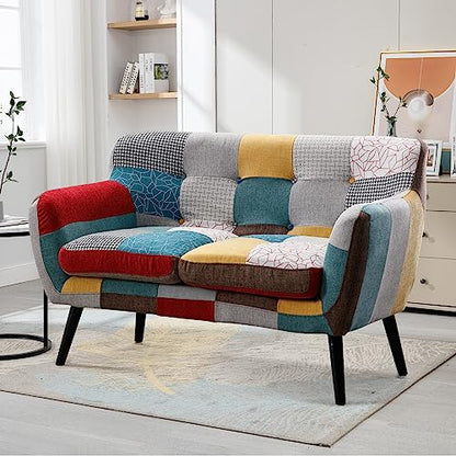Modern Boho Loveseat Couch Sofa Chair for Living Room Bedroom, Upholstered Colorful Plaid Fabric 2-Seat Love Seat Sofa with Wood Leg for Small Space, One Loveseat