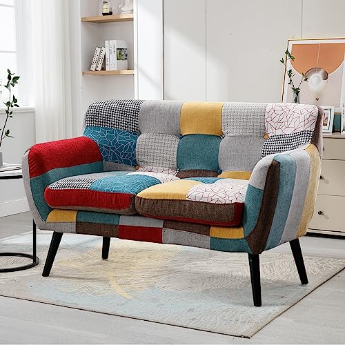 Modern Boho Loveseat Couch Sofa Chair for Living Room Bedroom, Upholstered Colorful Plaid Fabric 2-Seat Love Seat Sofa with Wood Leg for Small Space, One Loveseat