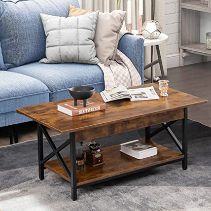 Industrial Coffee Table, 2-Tier Wood Cocktail Tea Table with Storage Shelf and X-Shape Steel Frame, Rectangle Sofa Side Accent Table for Living Room Home Office, Rustic Brown