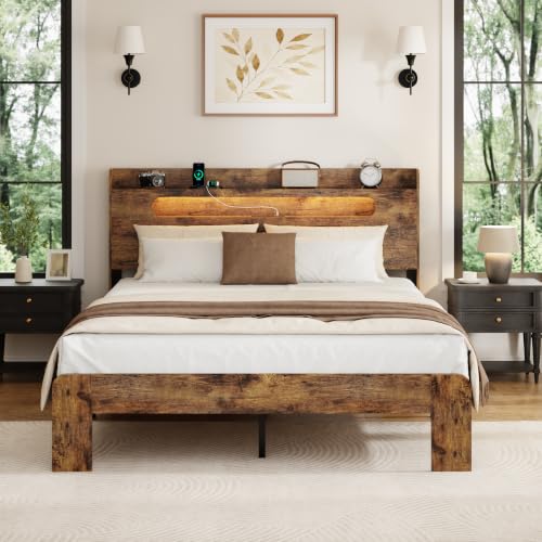 Rustic Brown 2-tier bed frame with charging station and light, view 4