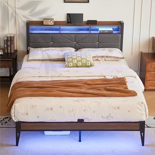 Upholstered Platform Bed Frame with Charging Station and Light Strips, Black, view 2