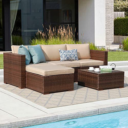 5 Piece Outdoor Patio Furniture Set, Outdoor Sectional Conversation Set, All-Weather Brown PE Wicker w/Beige Cushions, Outdoor Backyard Porch Garden Poolside Balcony Furniture Set