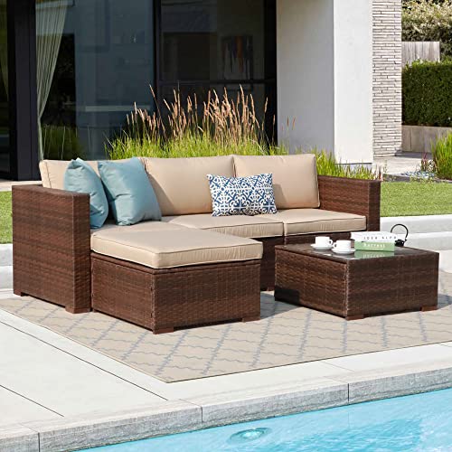 5 Piece Outdoor Patio Furniture Set, Outdoor Sectional Conversation Set, All-Weather Brown PE Wicker w/Beige Cushions, Outdoor Backyard Porch Garden Poolside Balcony Furniture Set