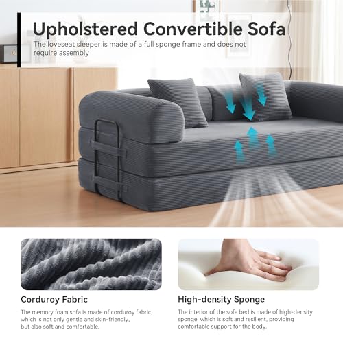 Sofa Bed, Corduroy Sleeper Sofa Bed with Fixed Frame, Floor Sofa Lounge with Pillow, Convertible Folding Mattress Couch for Living Room, Bedroom, Lounge, Studio (Dark Gray)