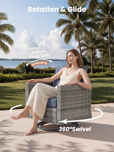 11 Piece Outdoor Patio Furniture Set with Fire Pit Table,Conversation Sectional Wicker Couch with Swivel Chairs,Modern Outside Sofa for Balcony Backyard, Blue