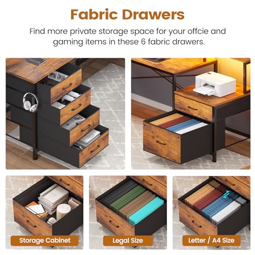L Shaped Desk with 6 Drawer, 108" Home Office Desk with File Drawer & Power Outlet, Corner Computer Desk with Monitor Shelf, Two Person Desk, Gaming Desk with Led Lights, Rustic Brown
