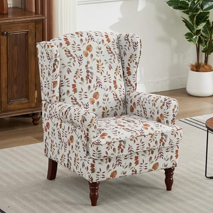 Modern Accent Chair,Comfy Upholstered Armchair with Retro Wood Legs,Floral Design Single Sofa Chair,Living Room Furniture for Apartment,Bedroom,Office,Linen Fabric,Floral Yellow