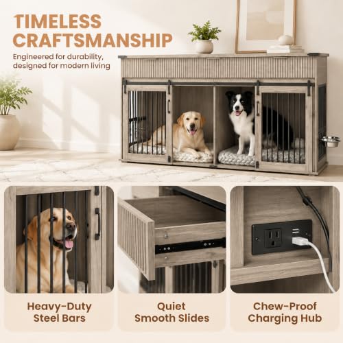 71" Double Dog Crate Furniture, Gray Oak Furniture Crate with Divider, view 4