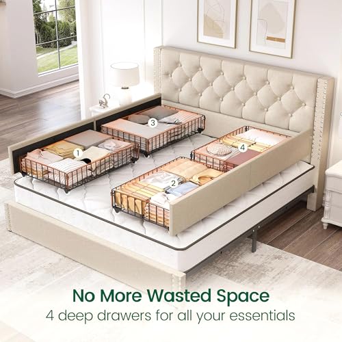Queen Size Bed Frame with 4 Storage Drawers and Tufted Headboard Linen, view 5