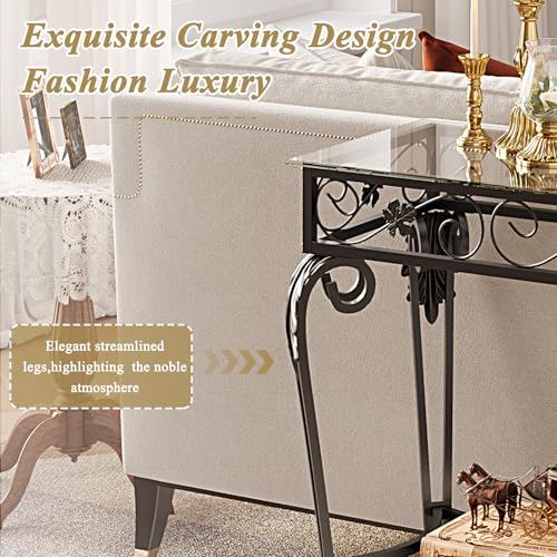 Console Table 47.2", Tempered Glass Sofa Tables, Vintage Entryway Table with Metal Frame, Console Tables for Living Room, Entrance, Foyer, Adjustable Feet (Black)