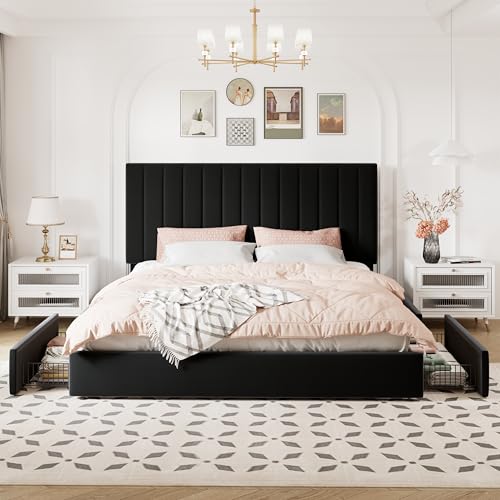 King Size Storage Bed Frame, Vertical Channel Tufted Adjustable Headboard, view 4