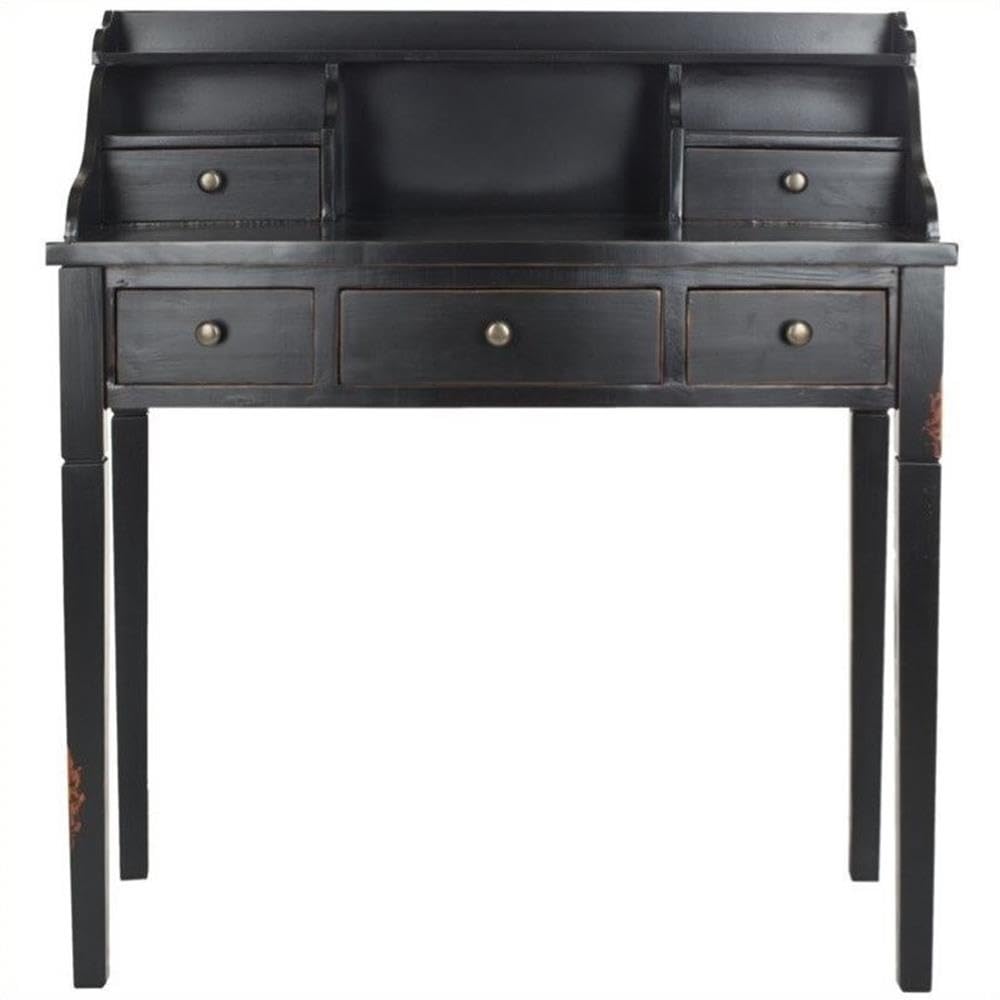 SAFAVIEH Furniture - Landon 5-Drawer Writing Desk - Black - Solid Wood - Classic Hutch Design - Ideal for Home Office, Living Room, Den, 36.2"W x 19.1"D x 40.5"H (AMH6516B)