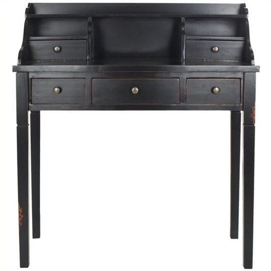 SAFAVIEH Furniture - Landon 5-Drawer Writing Desk - Black - Solid Wood - Classic Hutch Design - Ideal for Home Office, Living Room, Den, 36.2"W x 19.1"D x 40.5"H (AMH6516B)