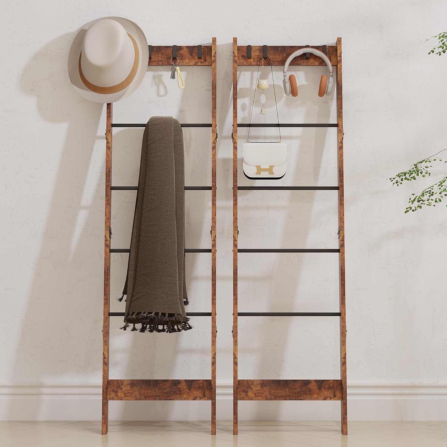 6 Tier Blanket Ladder Shelf for Living Room and Bedroom, Ladder Holder with 4 Metal Hooks, 5.2Ft Blanket Quilt Holder Rack, Farmhouse Ladder Rack for Storage and Home Decor, Rustic Brown