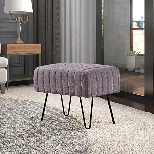 Super Mink Faux Fur Gray Ottoman Bench 19" x 13" x 17", Charcoal, Living Room Foot Rest Stool Entryway Makeup Bench End of Bed Bedroom Home Decor Chair for Sitting