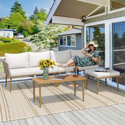 Patio Furniture Set, 6 Pieces Outdoor Rattan Woven Sectional Sofa Patio Loveseat with Ottoman and and Side Table, Conversation Set for Backyard, Porch, Boho - Beige