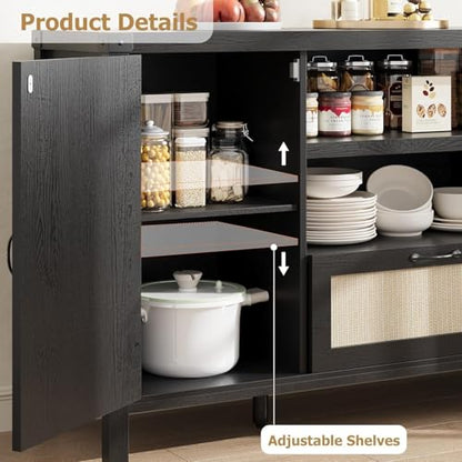 Sideboard Buffet Cabinet with Storage, 59.1" Large Rattan Storage Cabinet with Drawers, Farmhouse Coffee Bar Cabinet for Living Room, Kitchen, Entryway, Black