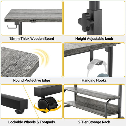 32" Height Adjustable Standing Desk with Power Outlets - Manual Rolling Stand up Desk with Wheels Small Portable Computer Desk Mobile Laptop Table with Storage Shelves for Home Office, Grey Oak