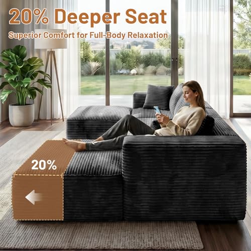 110" Modular Sectional Boneless Sofa with 2 Ottomans, U Shaped Cloud Couch for Living Room, Deep Seat Corduroy Floor Sofa, No Assembly Required, Compressed Couch, 5 Seat, Black
